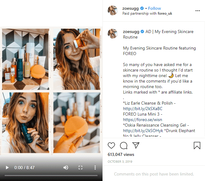 A post from Instagram influencer Zoe Sugg promoting Foreo.