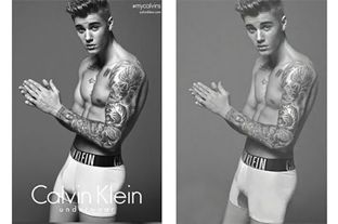 Two images of musician Justin Bieber. The first, used in a Calvin Klein underwear ad, has been retouched to make him appear more muscular. The second is the unretouched photo.