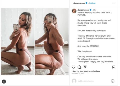 An Instagram post by Dana Mercer. On the left is an image posed and lighted to fit conventional beauty standards. On the right is one which shows a more natural image. The caption reads "Insta versus reality."