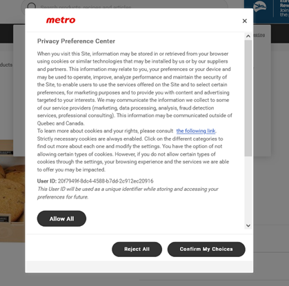 A screenshot of a website showing the second layer of cookie options. The options are "Allow All," "Reject All" and "Confirm My Choices."