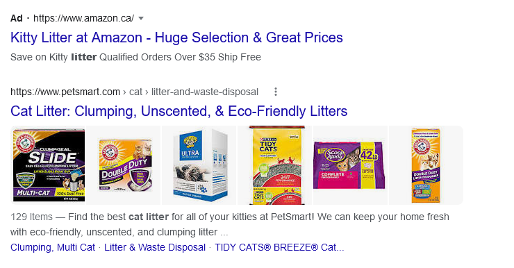 A Google search result for kitty litter showing an ad above the organic results.