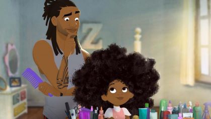 A still from the short animated film Hair Love in which a Black father pauses before combing his child's hair.