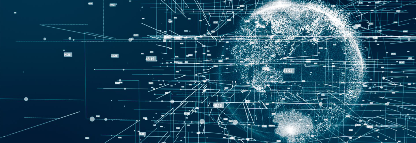 Abstract digital illustration of Earth with data points and algorithmic lines.