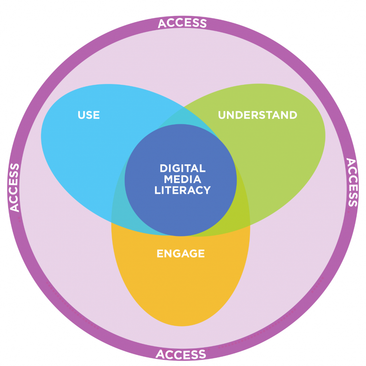 Graphic of the four main principles of digital media literacy competencies: Access, Use, Understand and Engange