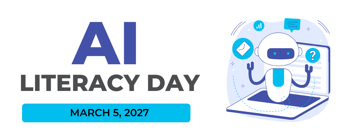 AI Literacy Day banner for March 5, 2027, featuring an illustration of a robot on a laptop