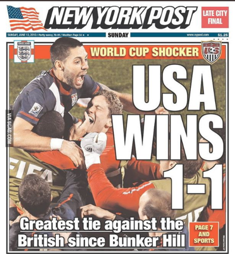  The front cover of the New York Post newspaper. There is an image of soccer players celebrating. The headline reads 