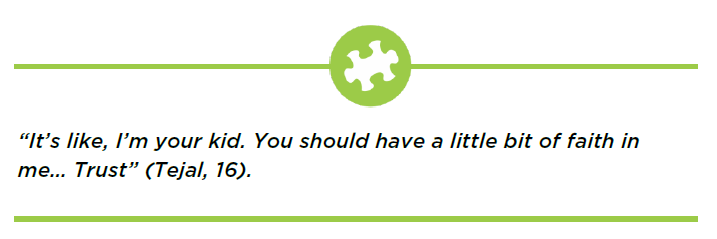 Quote: "It's like, I'm your kid. You should have a little bit of faith in me... Trust" (Tejal, 16).