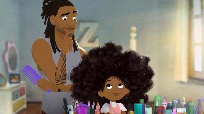 A still from the short animated film Hair Love in which a Black father pauses before combing his child's hair.