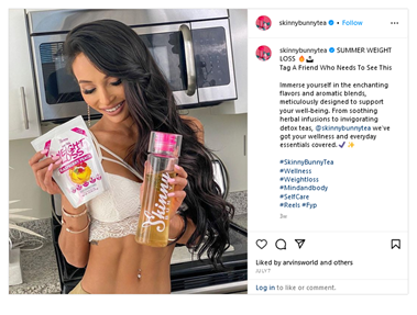 An Instagram post promoting a weight loss tea. A very thin model with an extremely narrow waist holds a packet labeled "weight loss" and a water bottle labeled "skinny."