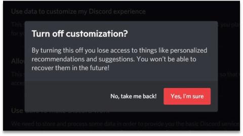 A screenshot of a confirmation pop-up warning that users "won't be able to recover" personalized recommendations if they are turned off. The button to turn off recommendations is red.