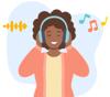 Illustrated image of a girl listening to music over headphones